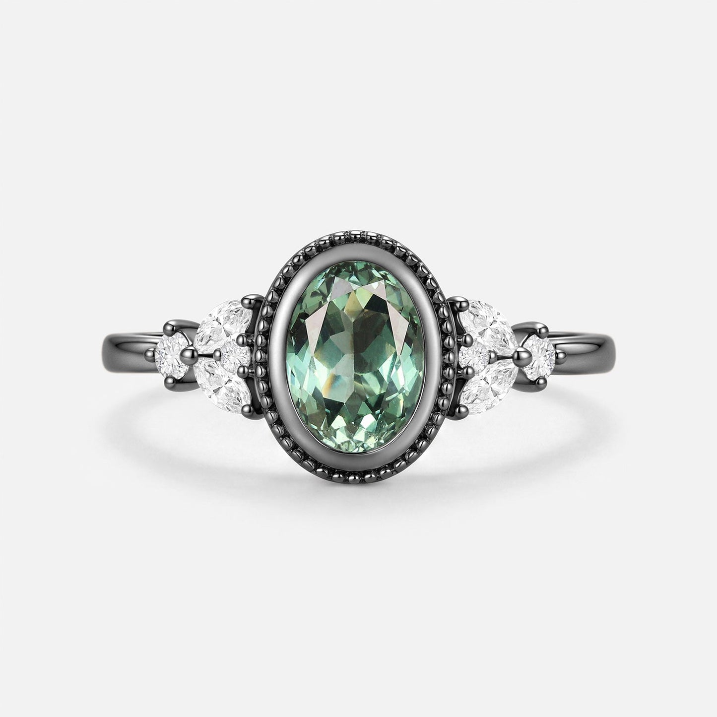 Oval Cut Bezel Lab Green Sapphire Cluster Engagement Ring - Celestia