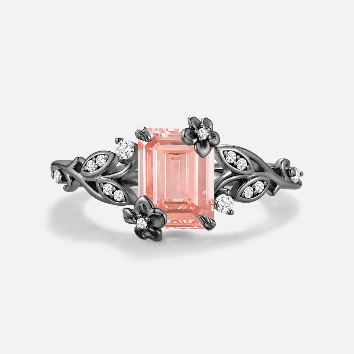 Emerald Cut Pink Lab Grown Diamond Flower Unique Engagement Ring - Seraphina