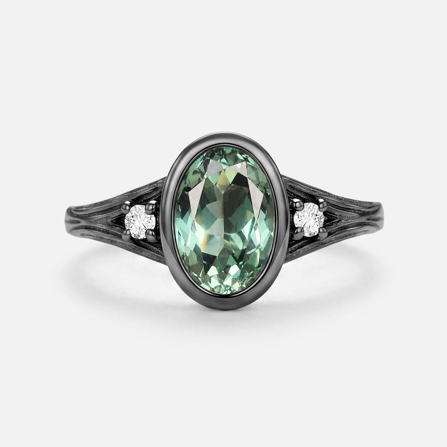 Oval Cut Bezel Lab Green Sapphire Engraved Engagement Ring - Quill