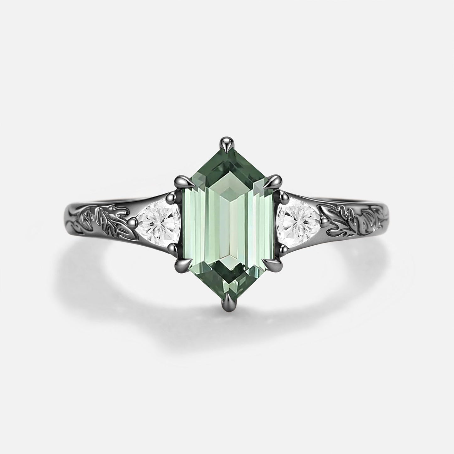 Long Hexagon Lab Green Sapphire Engraved Engagement Ring - Delphine