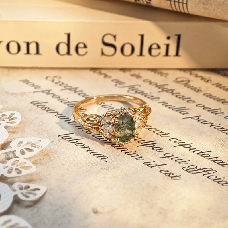 Oval Moss Agate Hollow Ring