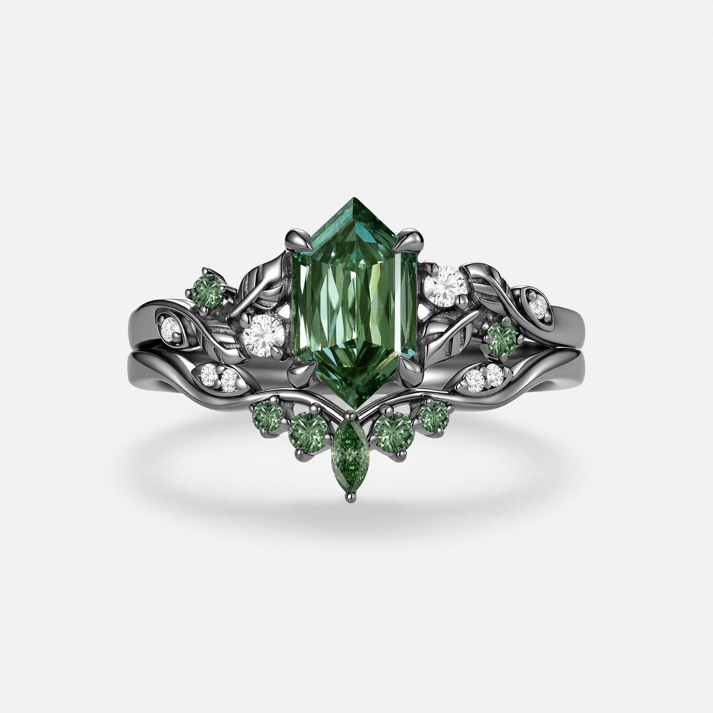 Elongated Hexagon Green Lab Grown Diamond Leaf Vintage Engagement Ring Sets 2pcs - Adore