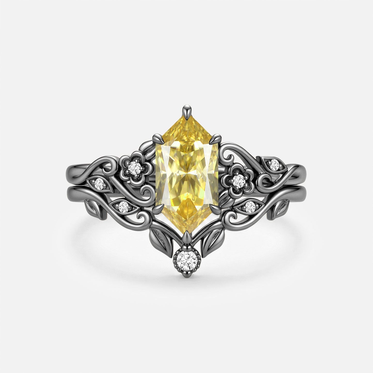 Luminous Reverie - Dutch Marquise Yellow Moissanite Flower Vintage Engagement Ring Sets 2pcs - Laurel
