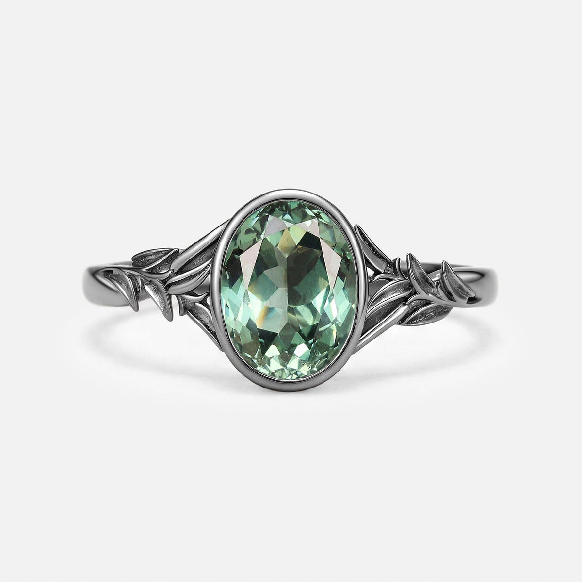 Oval Cut Bezel Lab Green Sapphire Minimalist Engagement Ring - Mistral