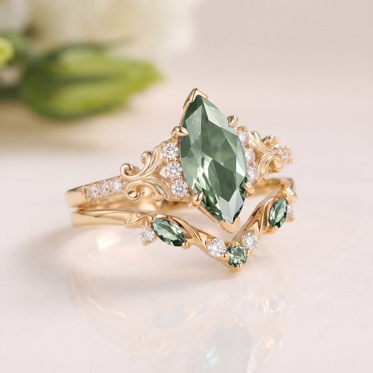 Marquise Cut Lab Green Sapphire Vintage Engagement Ring Sets 2pcs - Evan