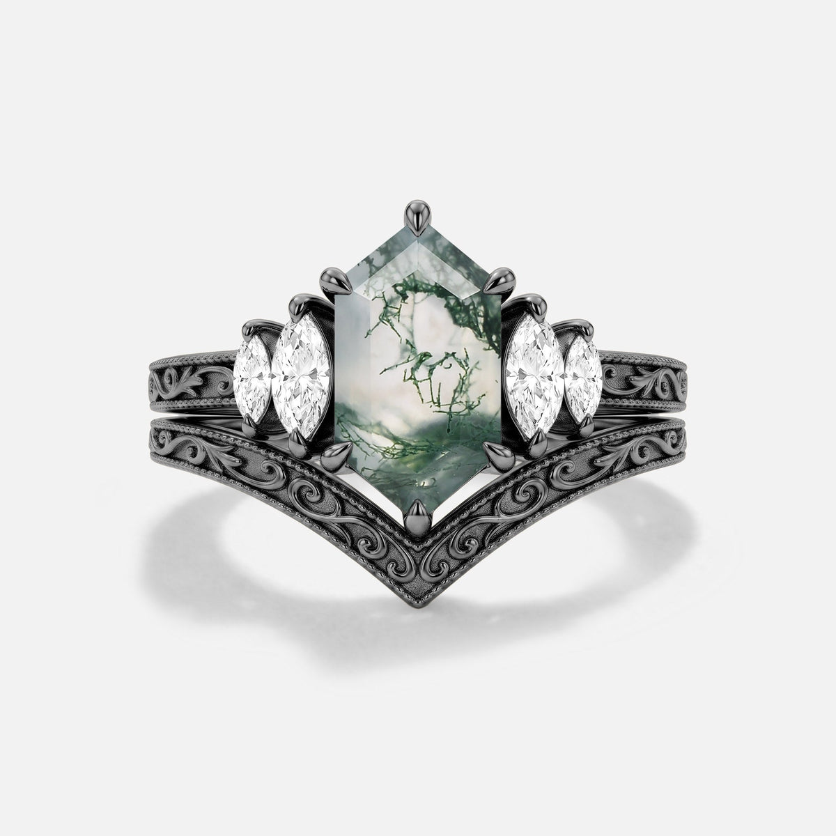 Elongated Hexagon Moss Agate Engraved Engagement Ring Set 2pcs - Atoll