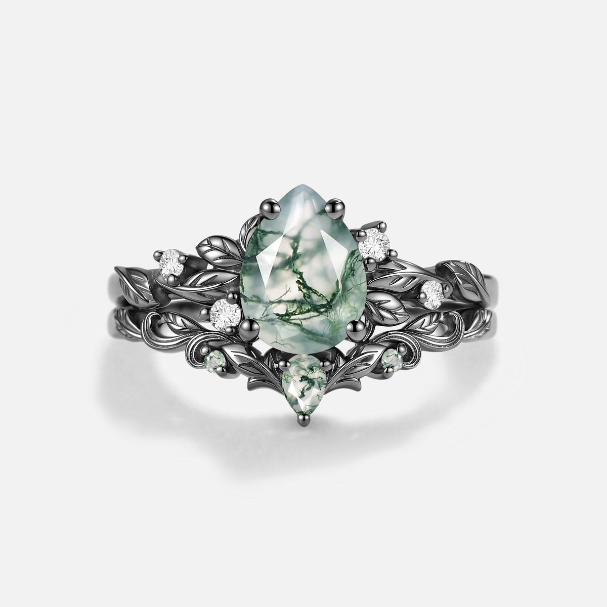 Pear Cut Moss Agate Leafy Unique Engagement Ring Set 2pcs - Larkspur