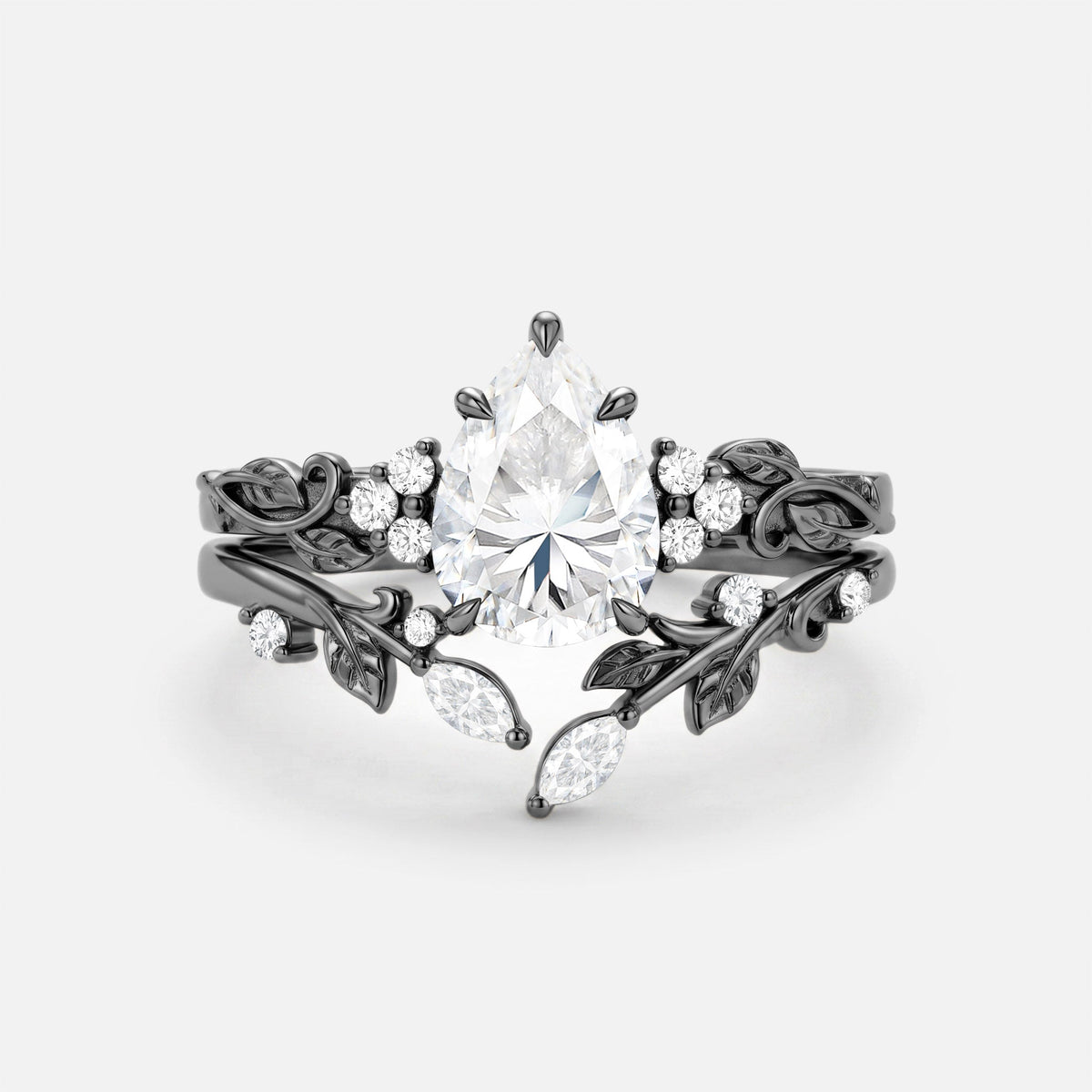 Luminous Reverie - Pear Cut Blue Moissanite Leaf Dainty Engagement Ring Sets - Stella