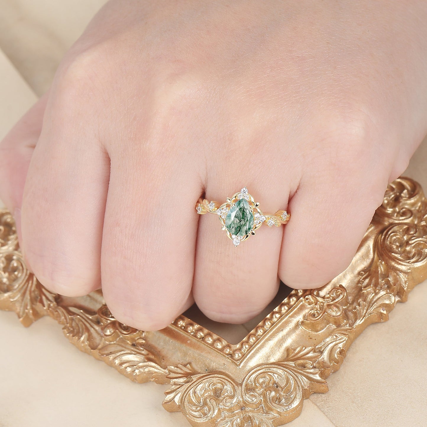 Floral Openwork Pear Cut Moss Agate Wedding Ring For Her Victorian Leaf Halo Agate Women Engagement Ring