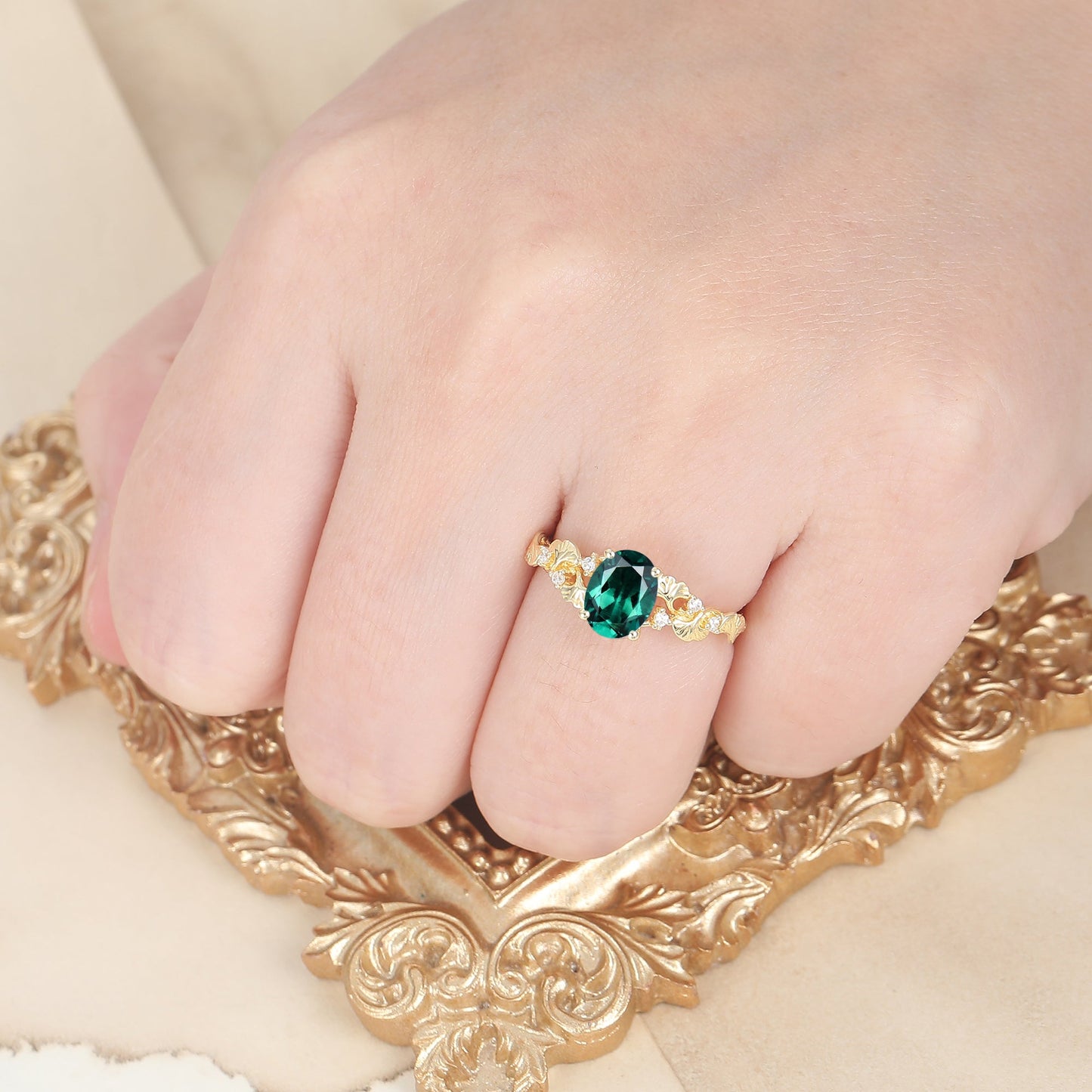 Ginkgo Leaf Vines Oval Emerald Bridal Birthstone Ring Botanical Anniversary Green Wedding Ring For Her