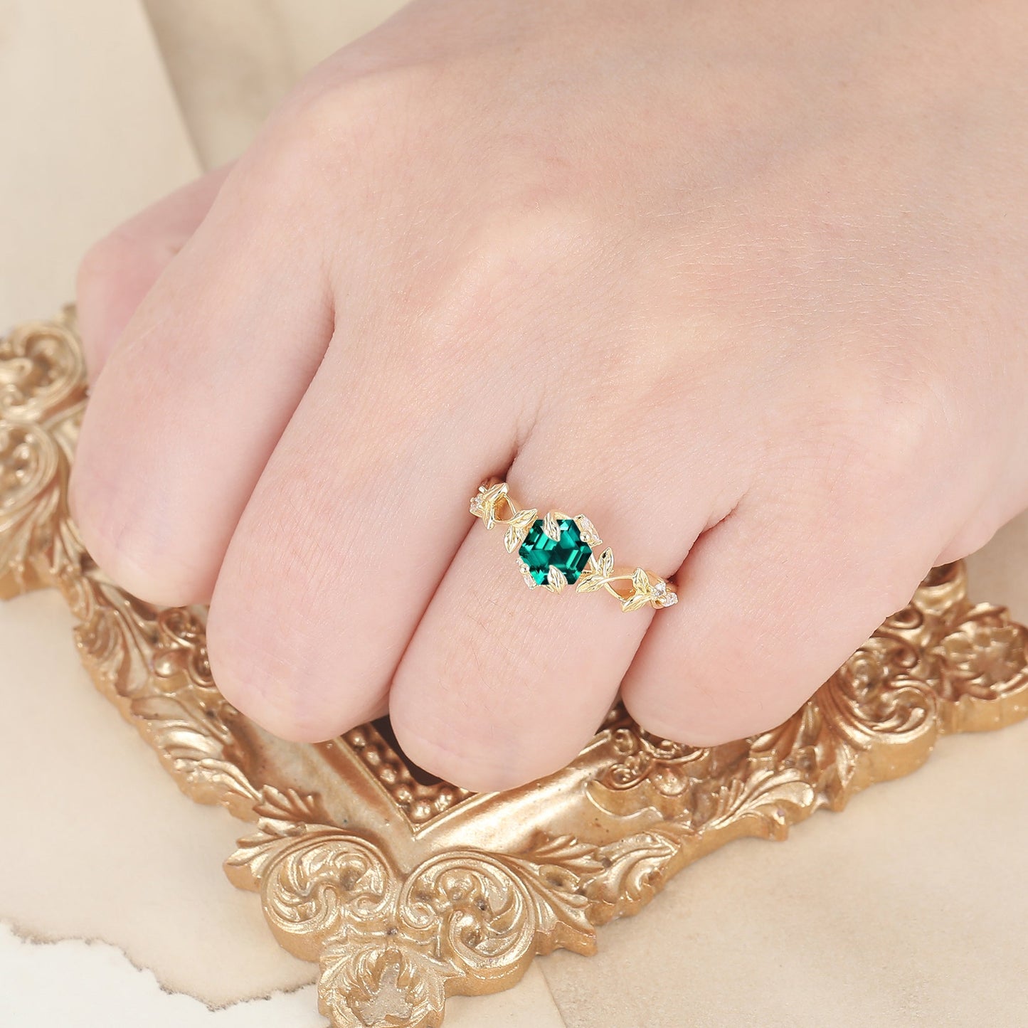 Botanical Ivy Hexagon Cut Emerald Women Engagement Ring Sculpted Leaf Emerald Wedding Ring For Her
