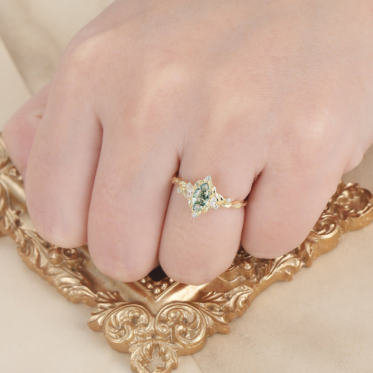 Victorian Foilage Marquise Moss Agate Bridal Ring Enchanted Forest Agate Engagement Ring For Women