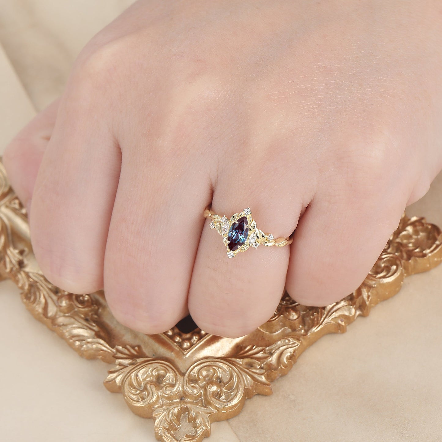 Leaf Halo Marquise Alexandrite Bridal Ring Art Deco Twisted Gold Alexandrite Anniversary Ring