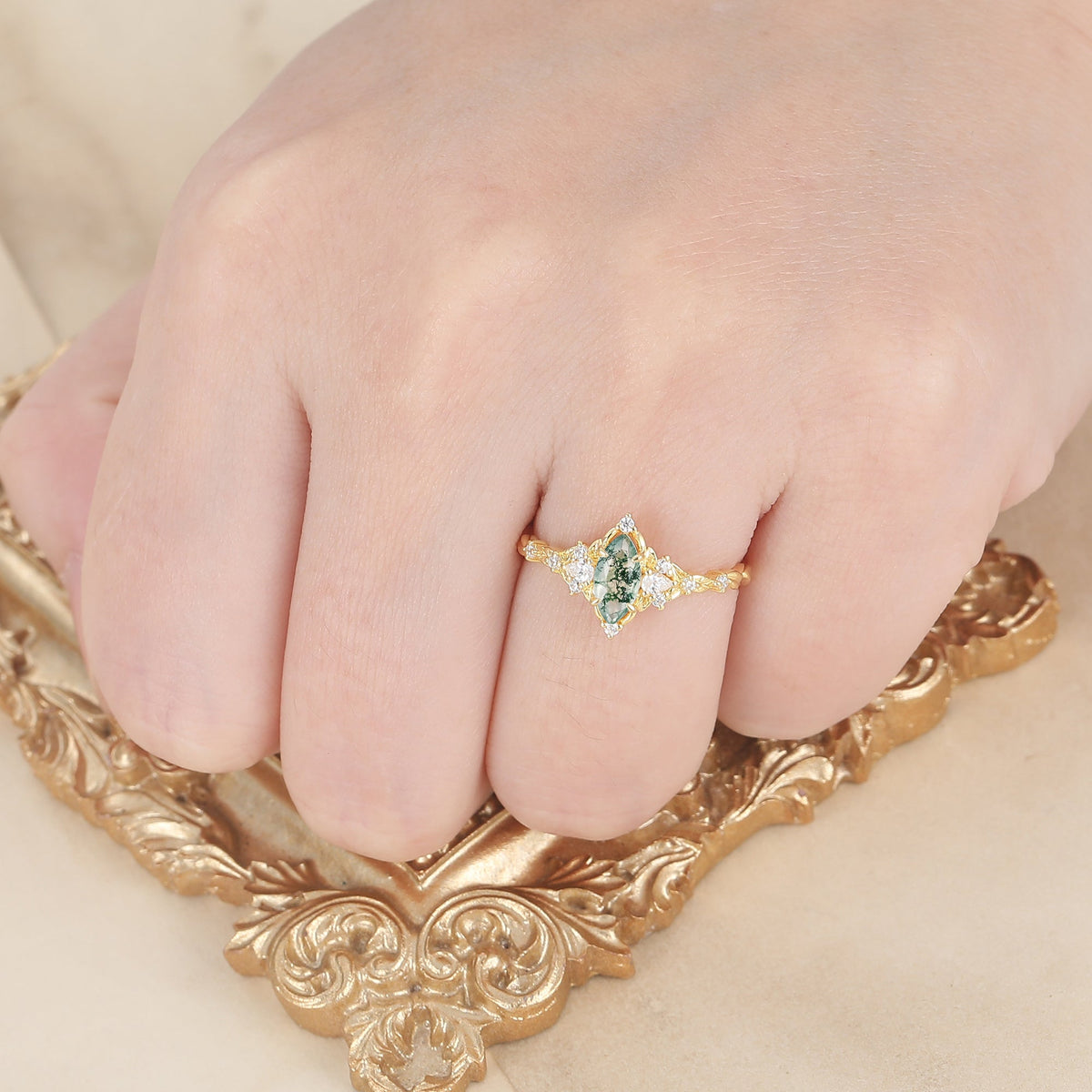 Botanical Halo Marquise Moss Agate Wedding Ring Victorian Leaf Style Engagement Ring For Her