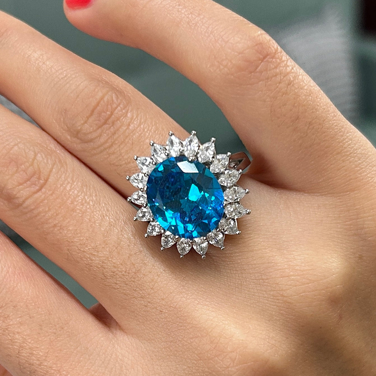 Size 8.0 | Blue Oval Cut Halo 925 Sterling Silver Engagement Ring