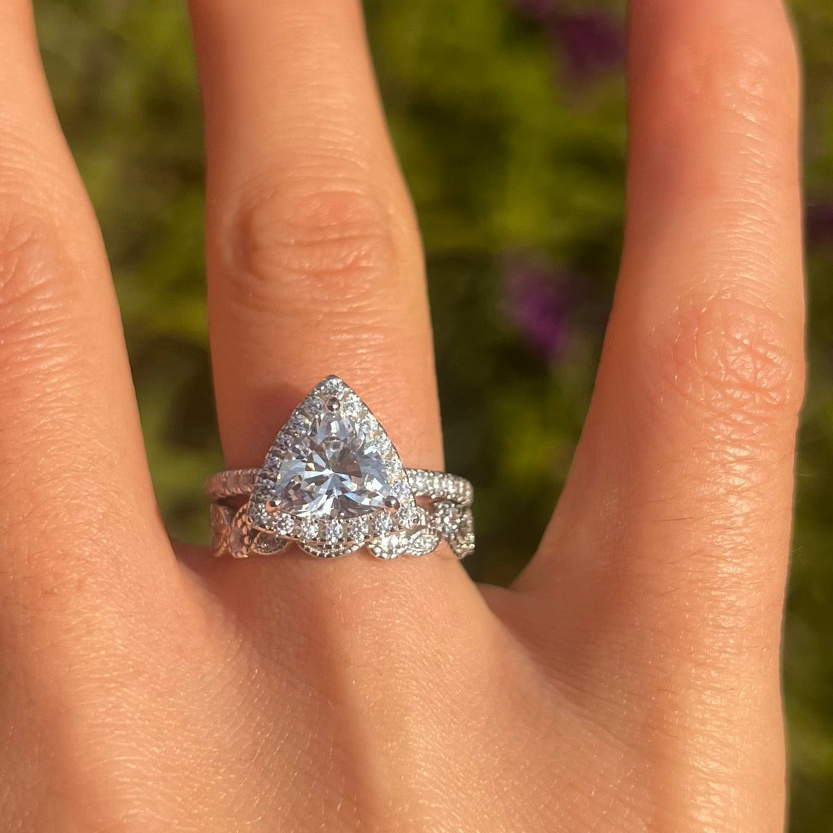 Unique 2 Pcs Triangle Shape Sterling Silver Bridal Set