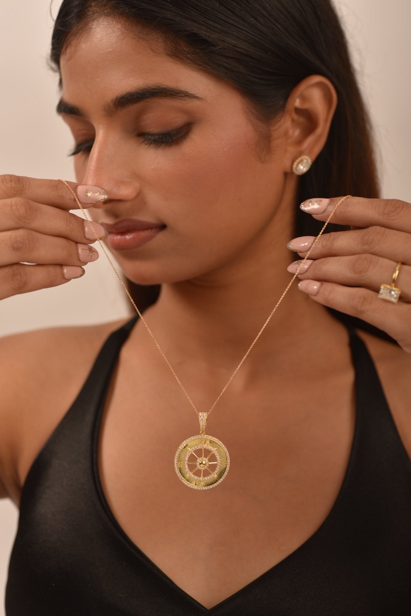 1 Carat Pave Diamond Compass Pendant Necklace