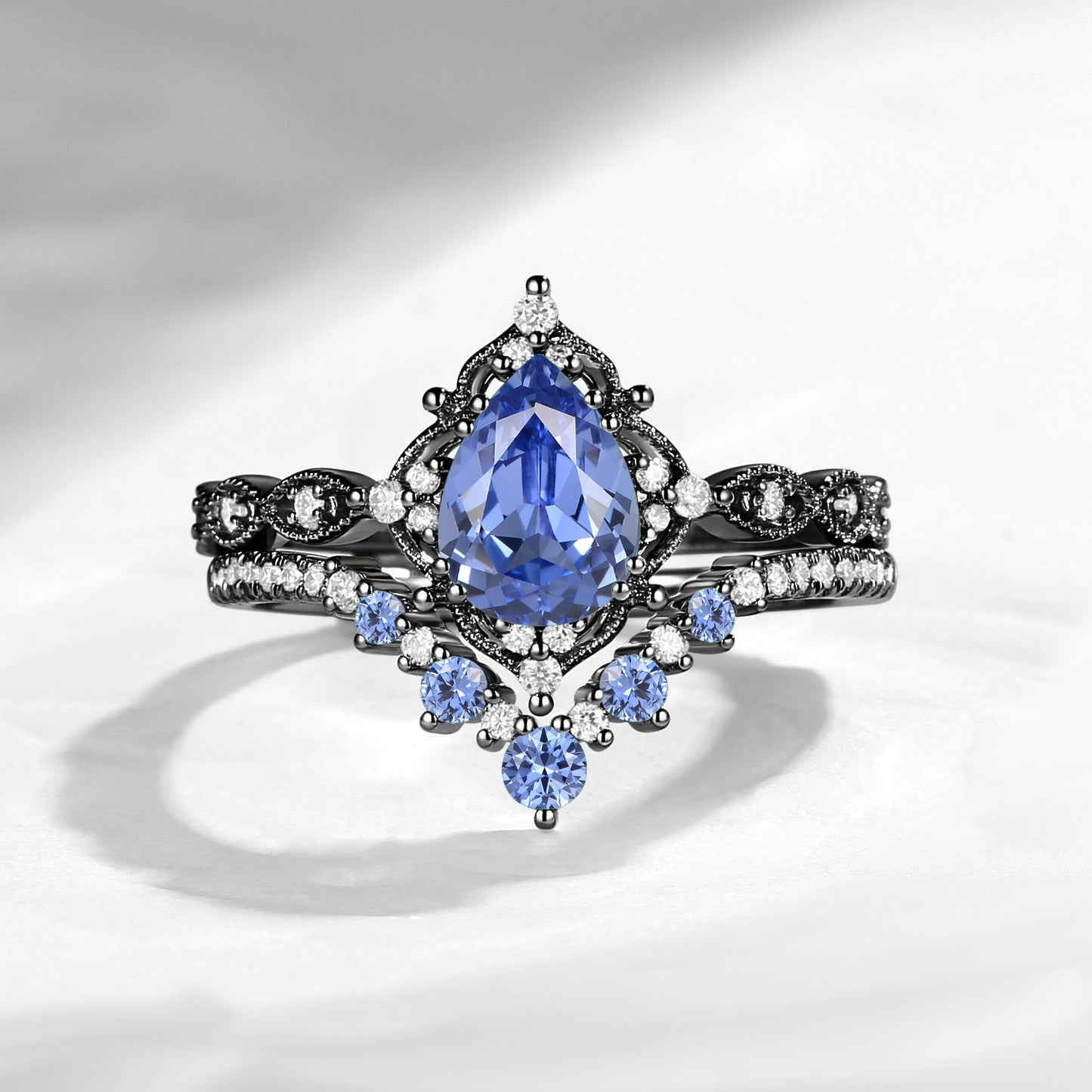 Antique Pear Cut Lab Cornflower Sapphire Engagement Ring 2pcs