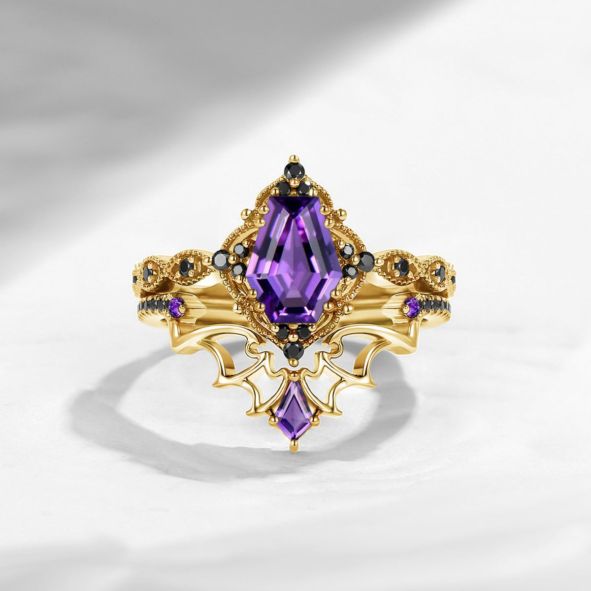 'Dark Romance' - Gothic Coffin Cut Amethyst Engagement Ring Set with Bat Wings in Black Gold