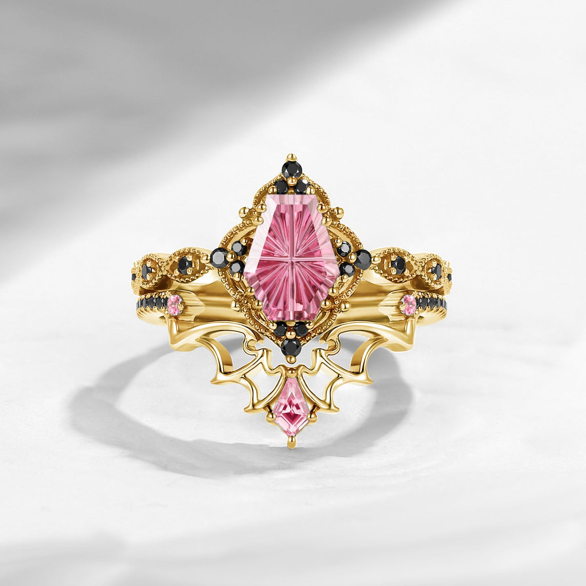 'Dark Romance' – Gothic Fantasy Carved Coffin Natural Pink Tourmaline Engagement Ring Set