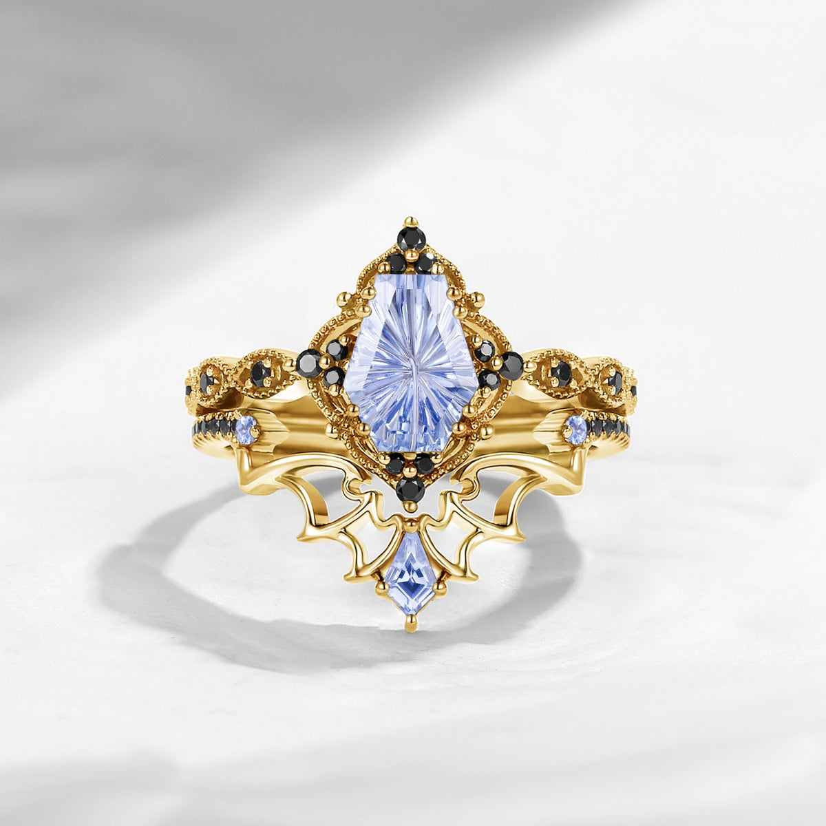 'Dark Romance'– Gothic Fantasy Carved Coffin Lab Cornflower Sapphire Engagement Ring Set