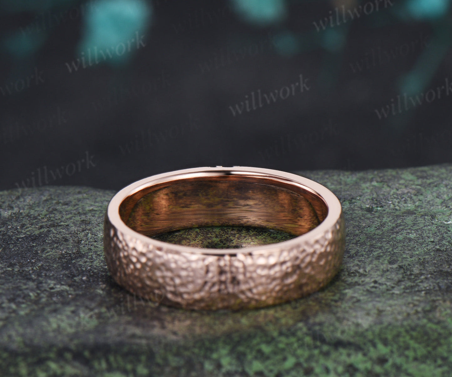 Round Moss Agate Men's Hammered Wedding Ring 5mm Band Width Anniversary Ring Band Gifts