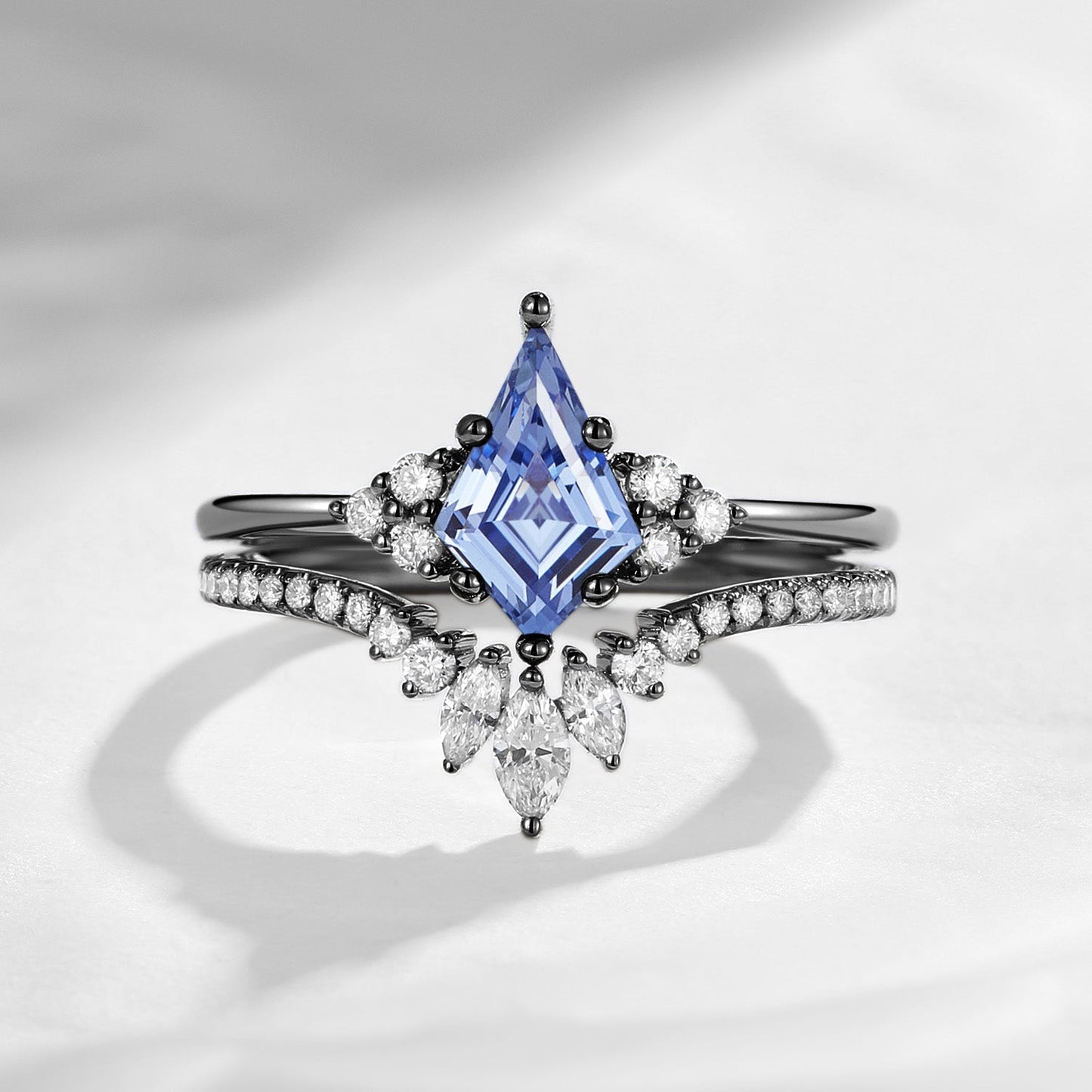 Kite Cut Lab Cornflower Sapphire Engagement Ring Set 2pcs - Electra