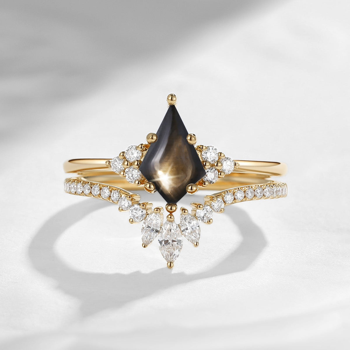 Kite Cut Natural Black Star Sapphire Engagement Ring Set 2pcs - Electra