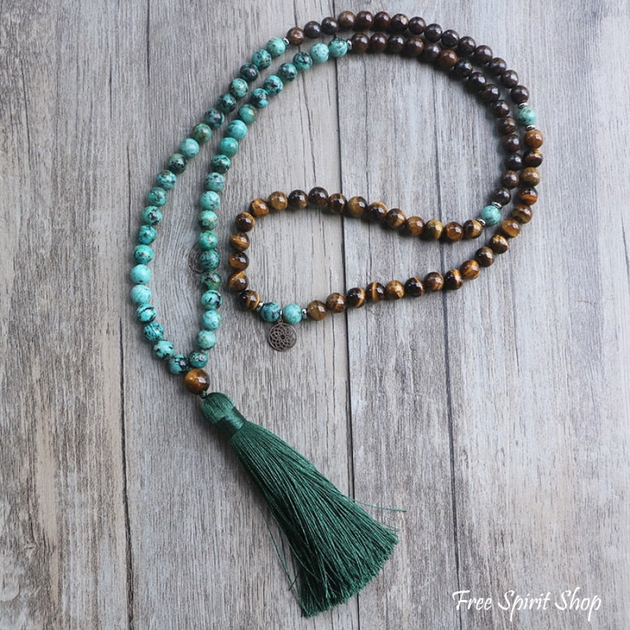 108 African Turquoise Bronzite & Tiger Eye Mala Bead Necklace