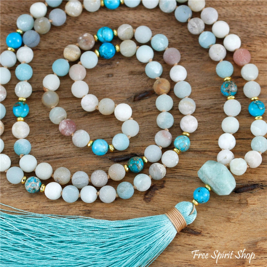 108 Natural Amazonite & Turquoise Jasper Mala Bead Necklace