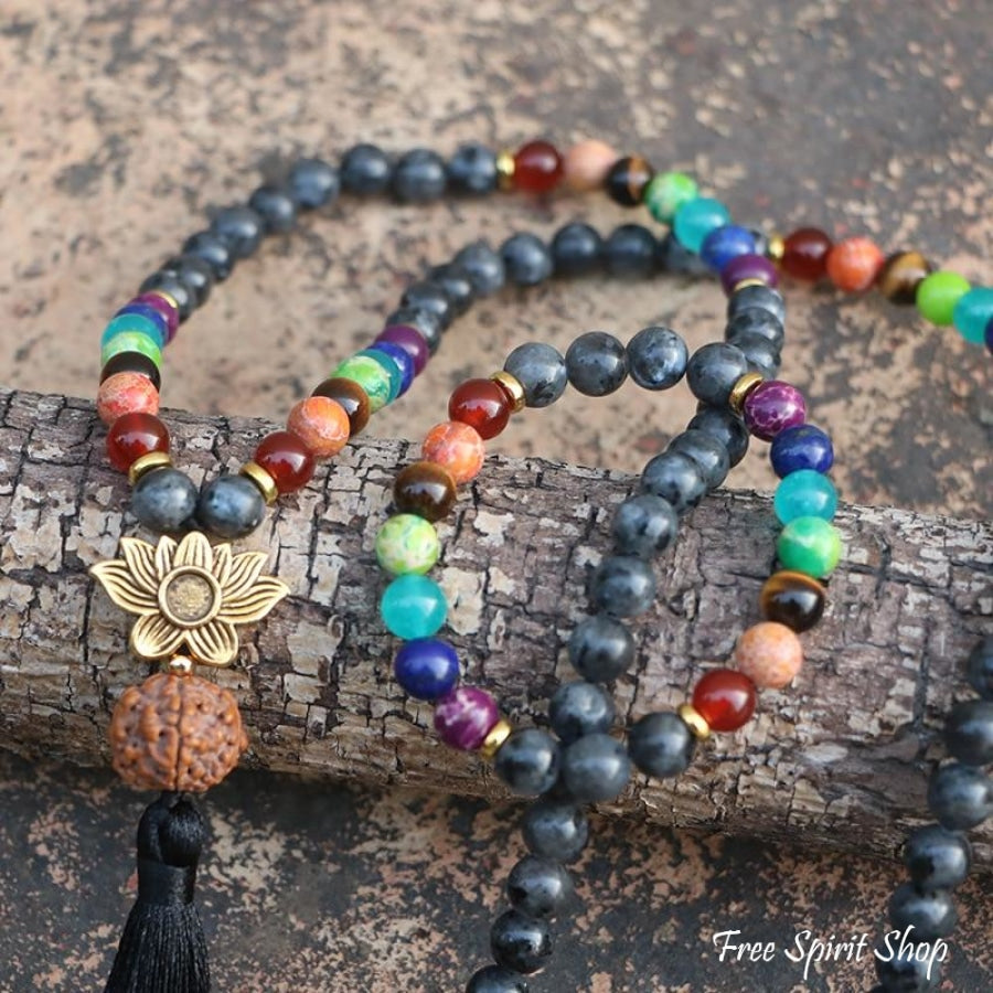 108 Natural Labradorite 7 Chakra & Rudraksha Mala Bead Necklace