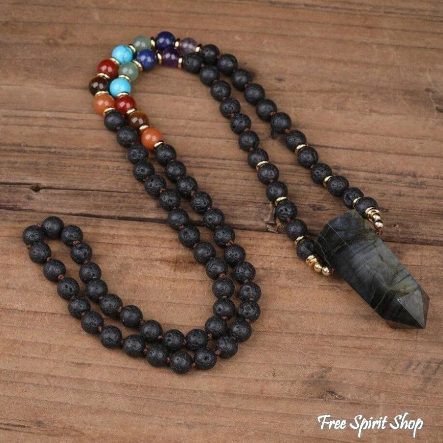 108 Natural Labradorite, Black Lava & 7 Chakra Stone Mala Bead Necklace