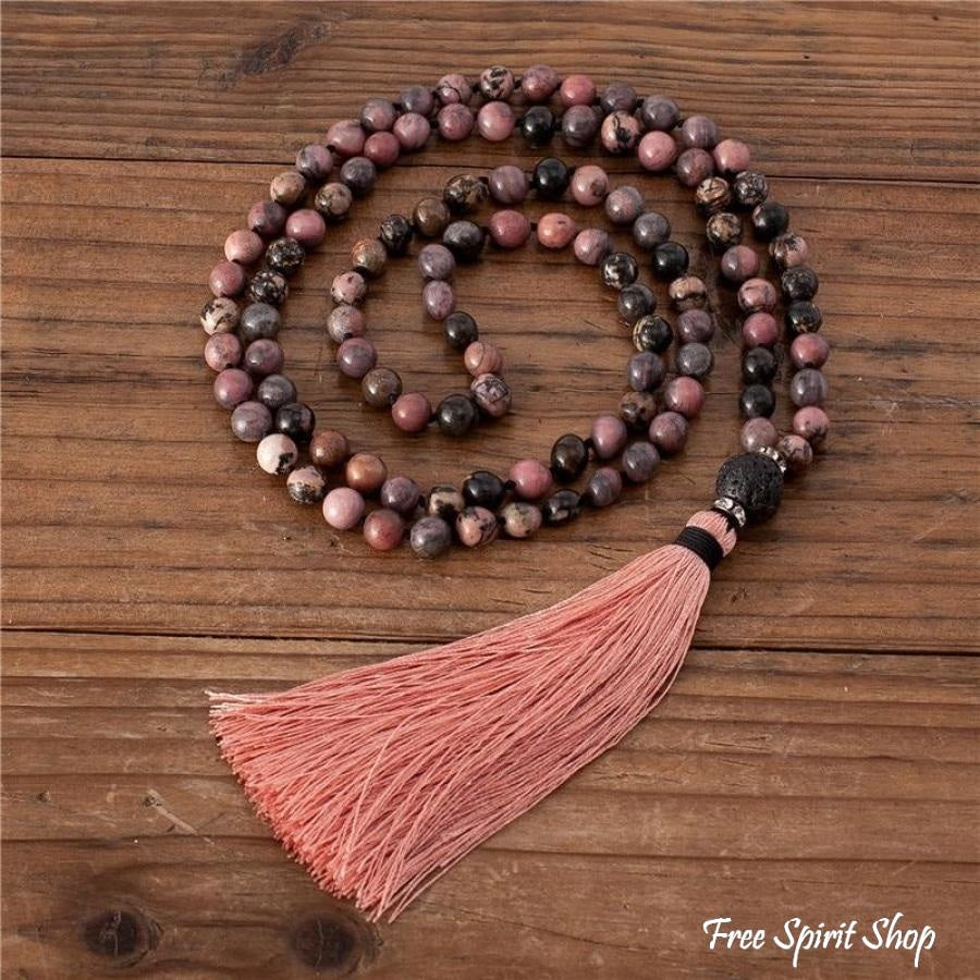 108 Natural Rhodonite & Black Lava Stone Mala Bead Necklace