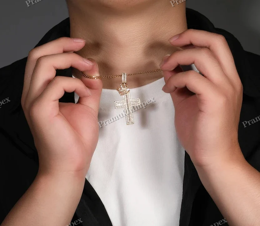 925 Silver Cross With Crown Moissanite Set Pendant For Men's