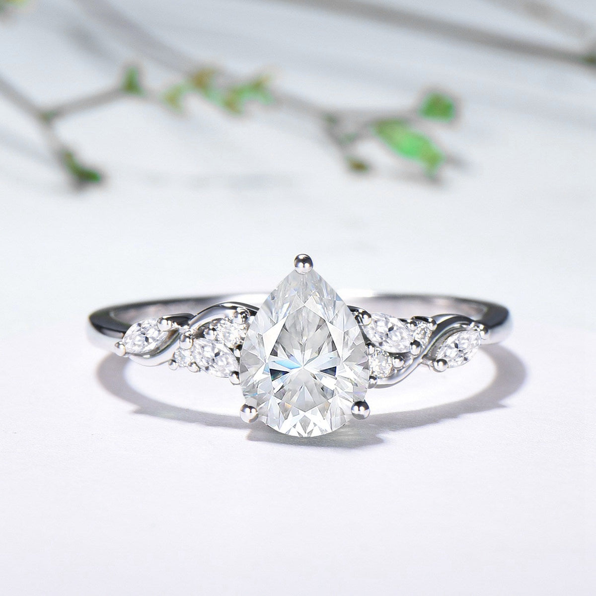 Pear Moissanite Engagement Ring Set, Lab Grown Diamond Bridal Set, 14K Gold Marquise Cluster Ring, Unique Pear Shaped Wedding Ring for Her