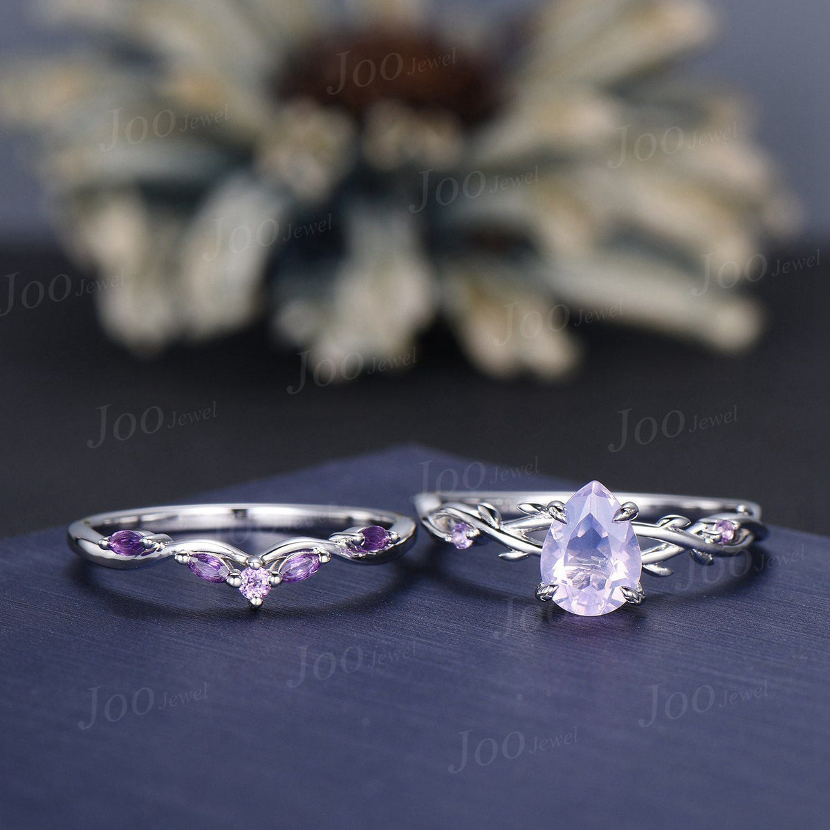 1.25ct Nature Inspired Pear Cut Natural Lavender Amethyst Bridal Ring Set Sterling Silver Light Purple Crystal Twig Vine Wedding Ring Gift