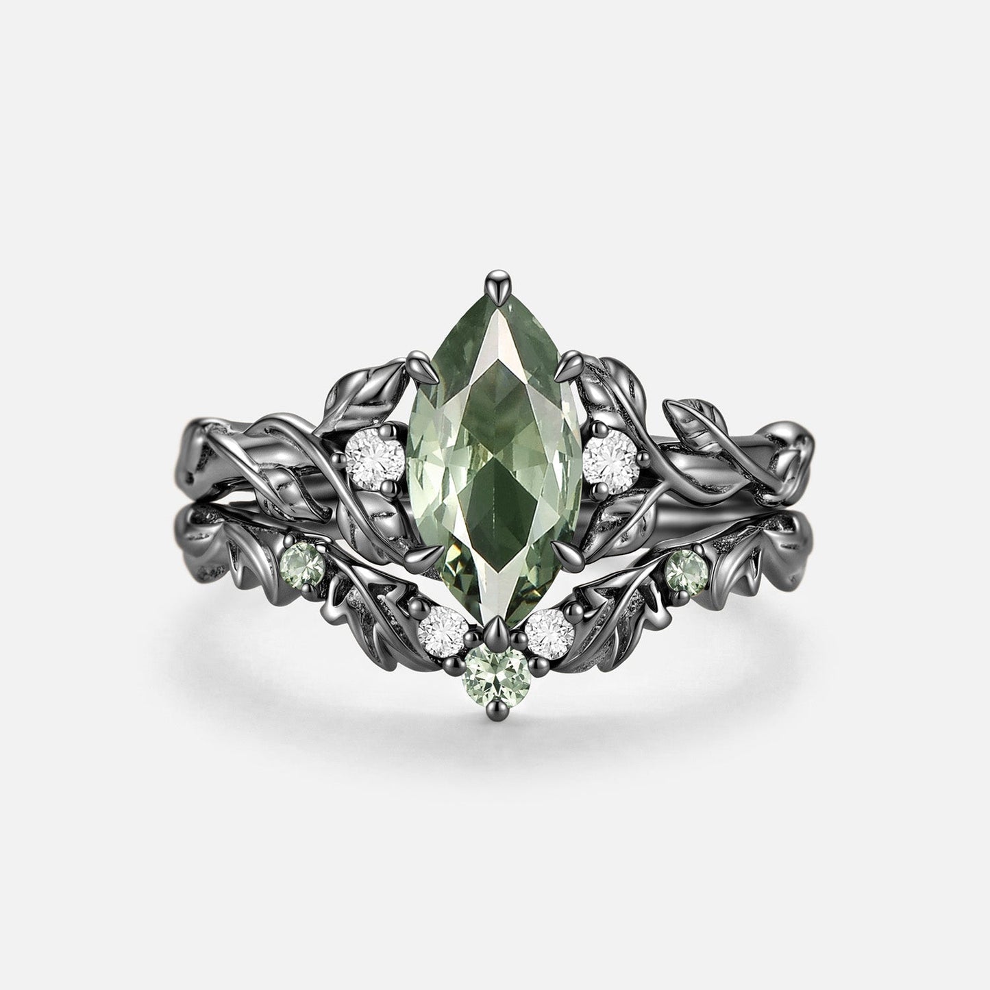 Marquise Cut Lab Green Sapphire Leafy Engagement Ring Sets - Starling