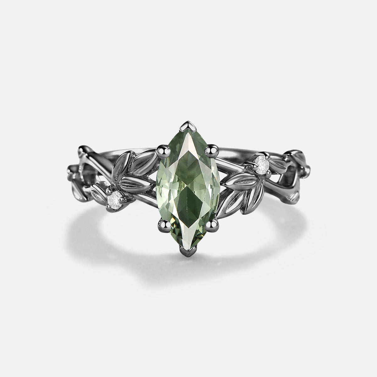 Marquise Cut Lab Green Sapphire Leafy Engagement Ring - Isolde