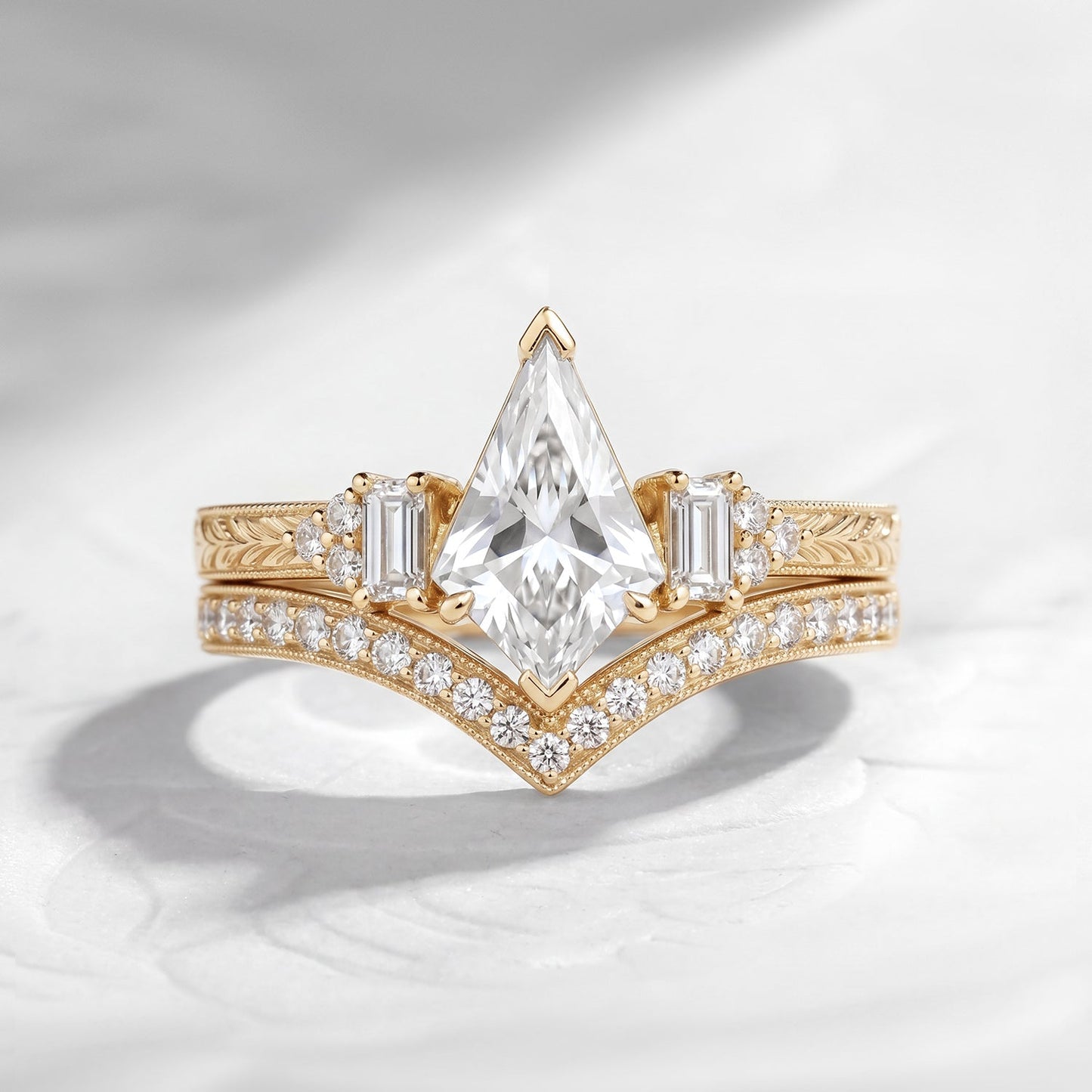 Vintage Inspired Kite Moissanite & Lab Diamond Milgrain Cluster Engagement Ring Set 2pcs