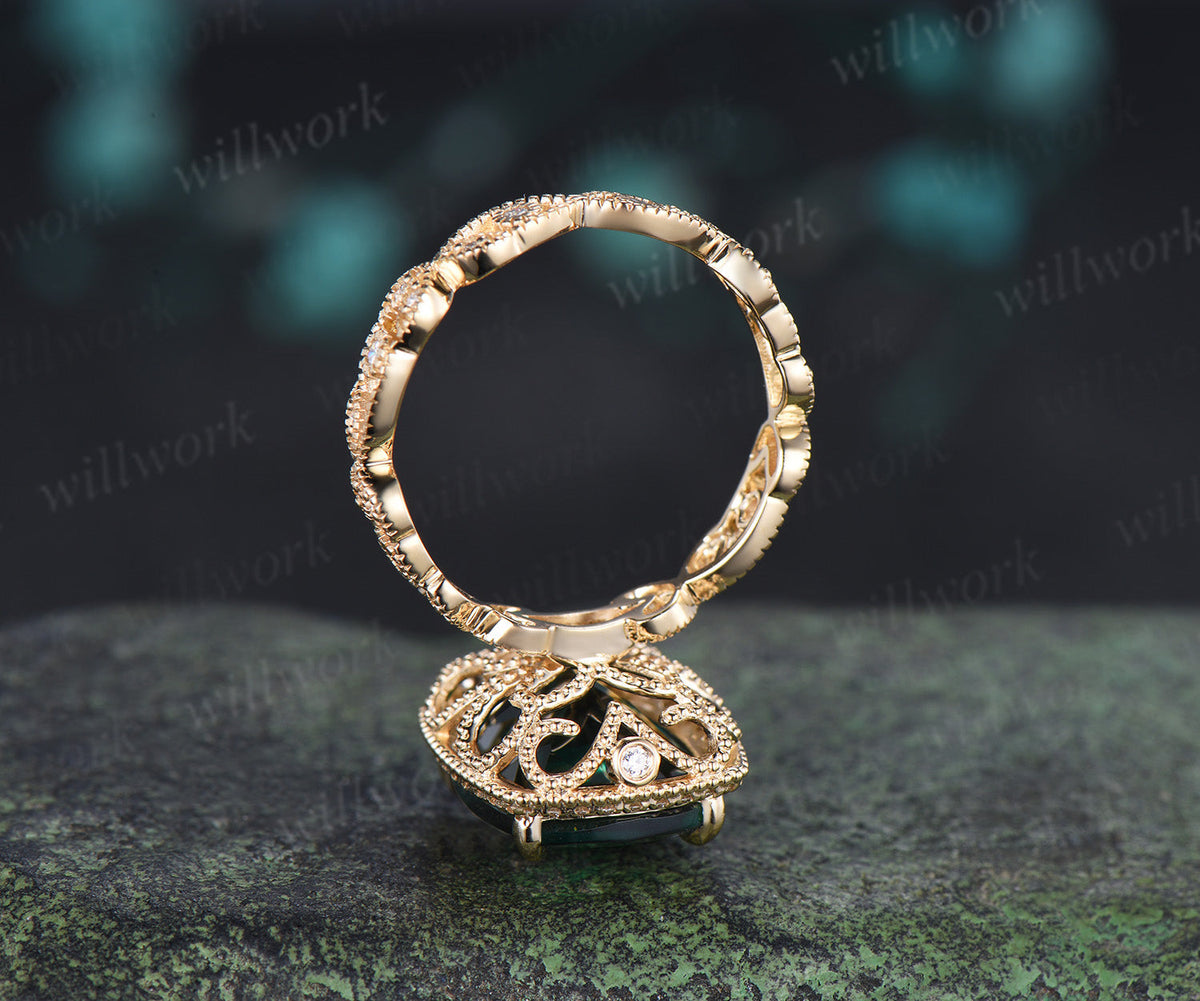 Cushion Cut Filigree Halo Emerald Engagement Ring Vintage Leaf Milgrain Full Eternity Ring May Birthstone Jewelry