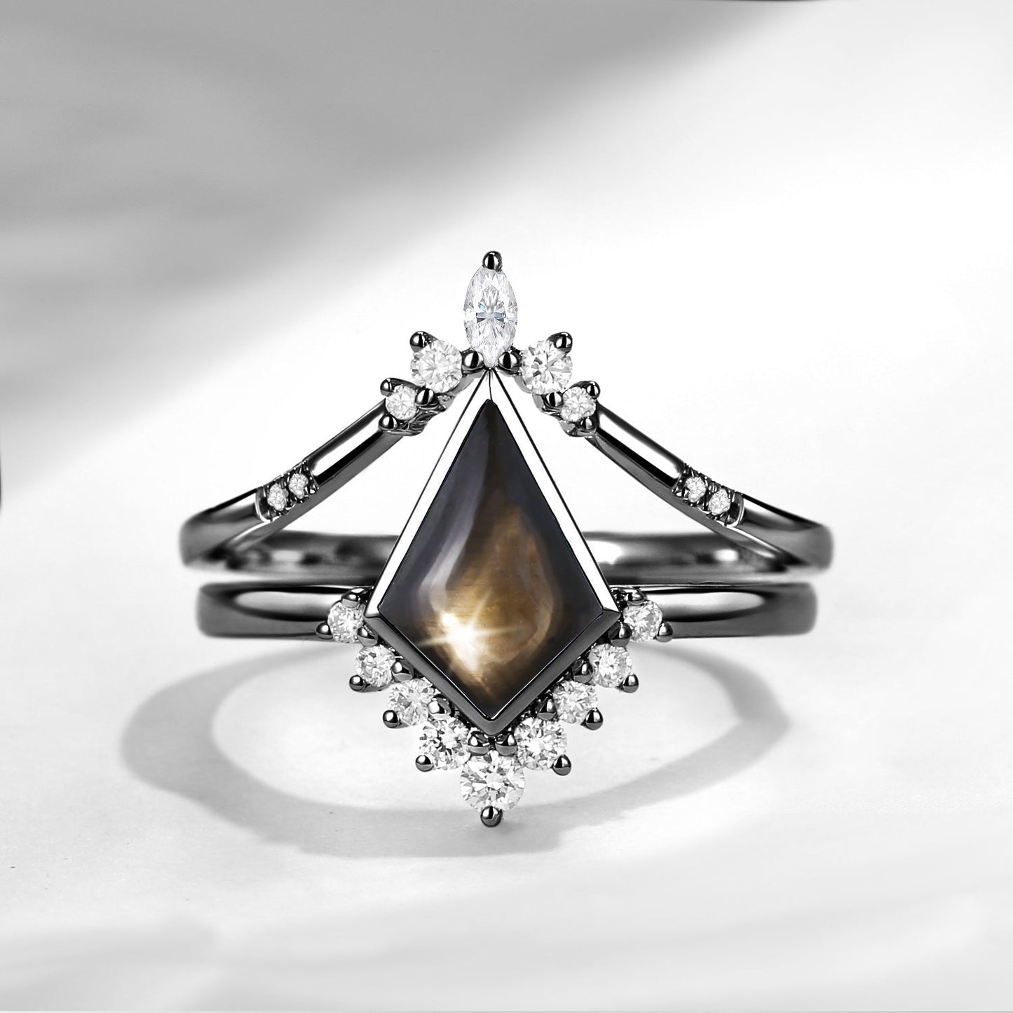 Classic Style Kite Cut Natural Black Star Sapphire Engagement Ring Set 2pcs