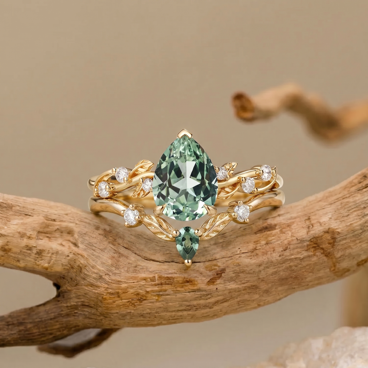 Pear Cut Lab Green Sapphire Vine Bridal Set 2pcs - Clarissa