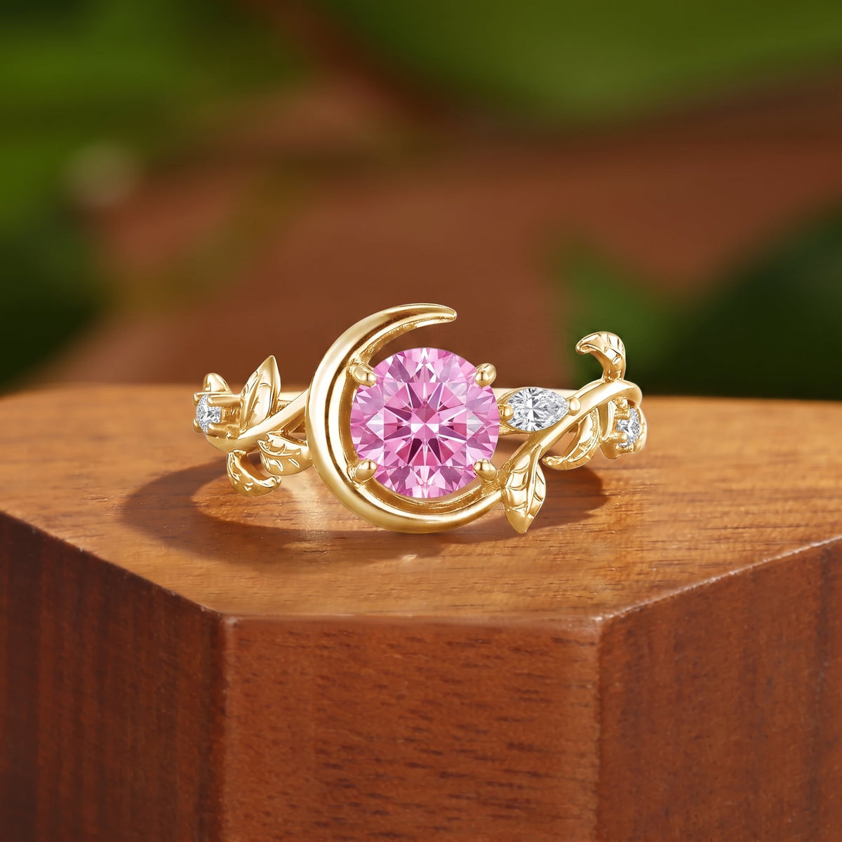 Unique Round Cut Lab Pink Sapphire Crescent Moon & Leaf Engagement Ring - Helene