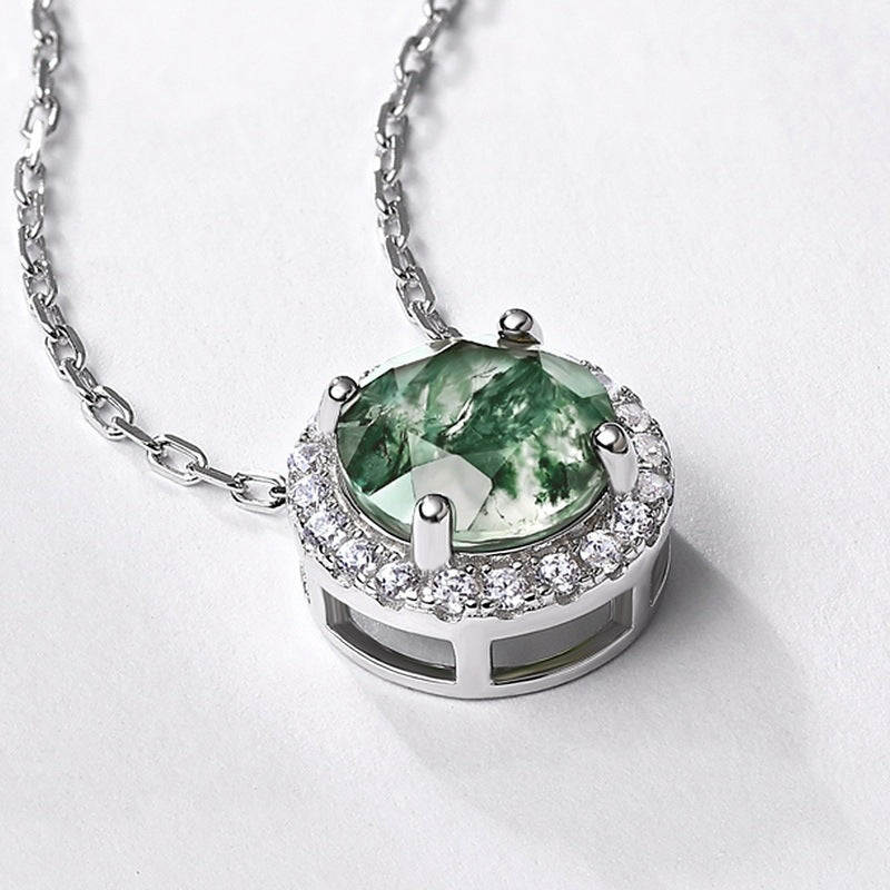 Classic 8mm Round Halo Natural Moss Agate Necklace