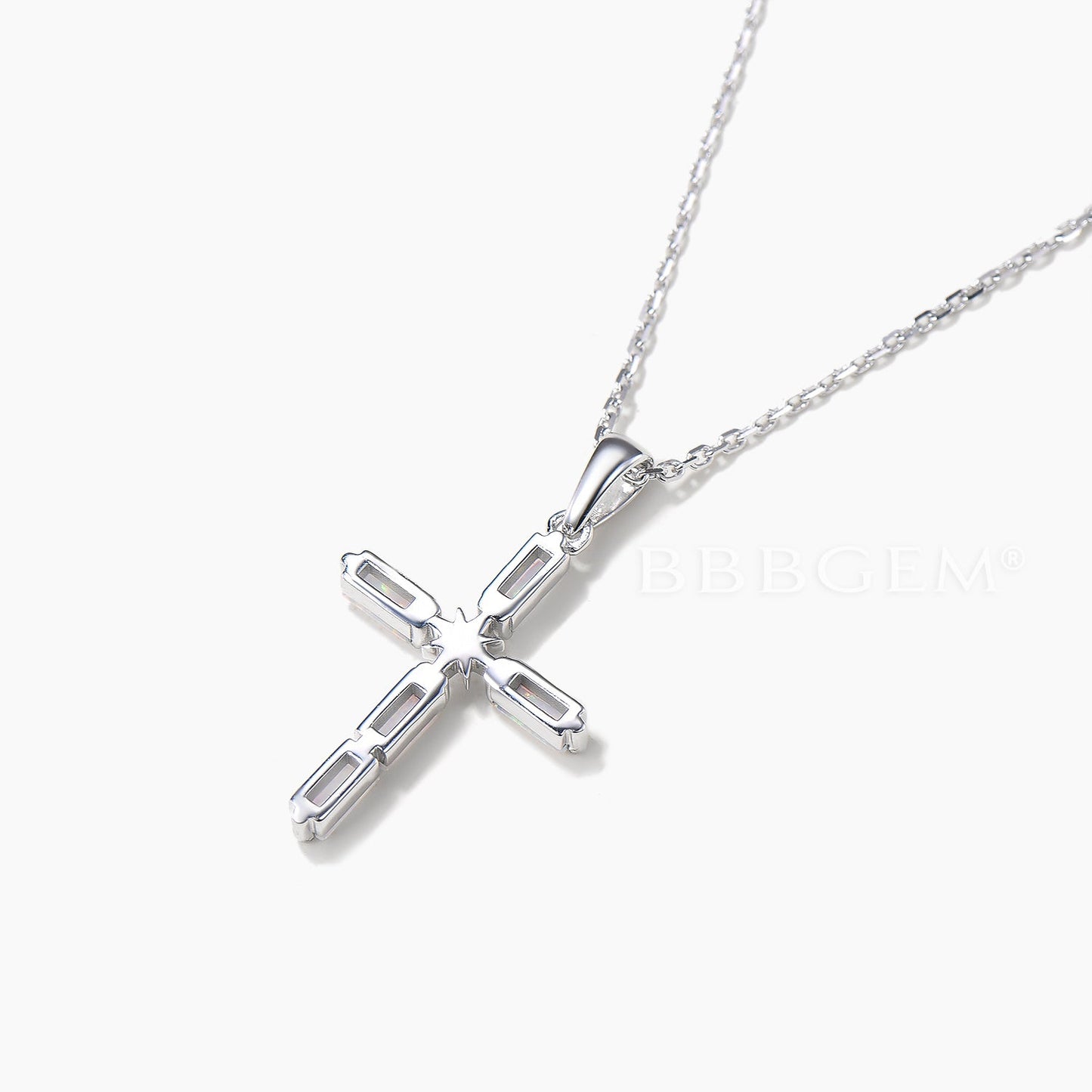 Baguette Cut White Opal Cross Necklace White Gold Starburst 5 Stone Pendant