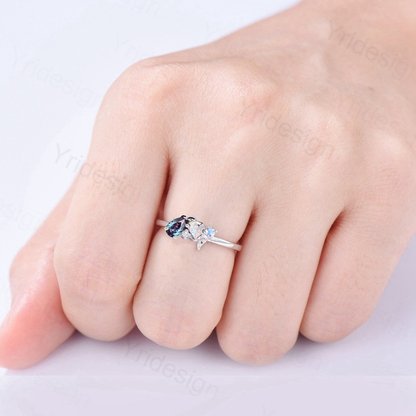 Dainty Moonstone, Opal, and Alexandrite Multi-Gemstone Promise Ring | Celestial Cluster
