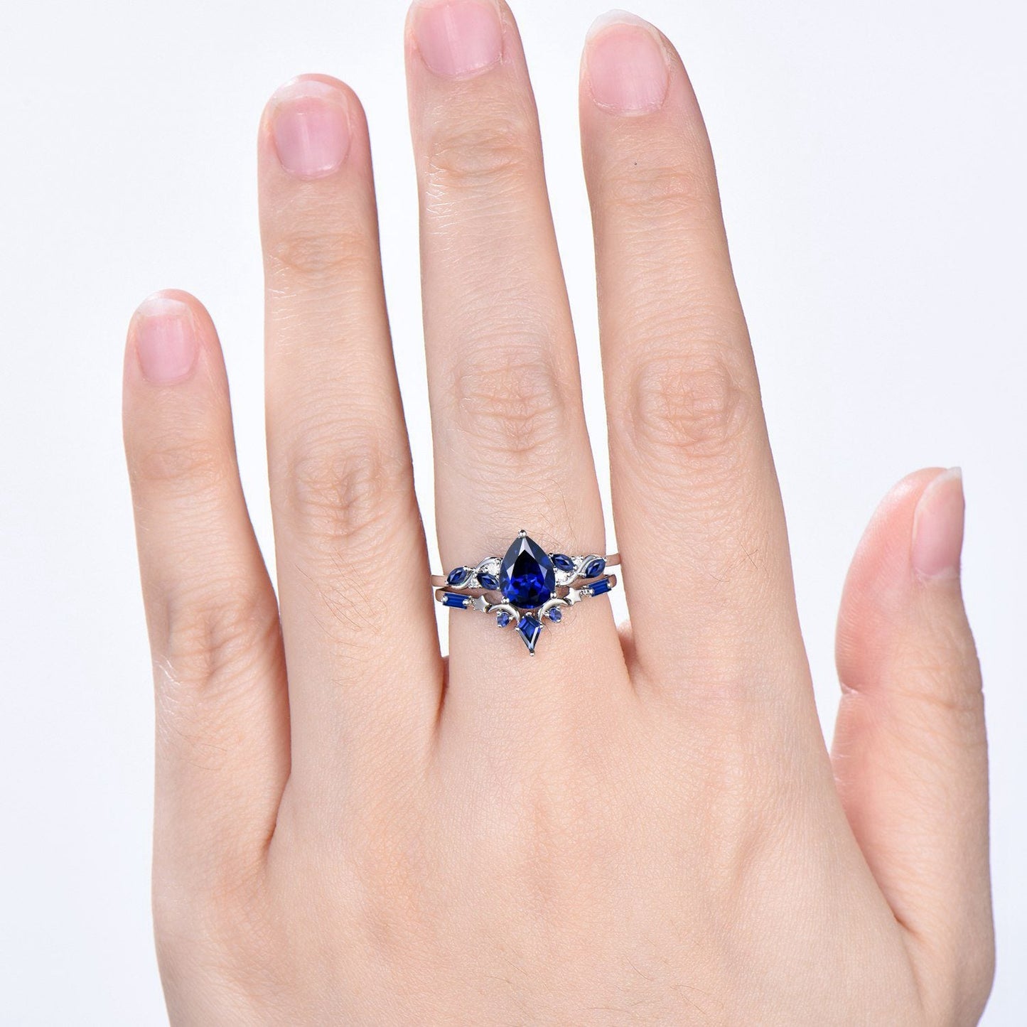Vintage Pear Shaped Blue Sapphire Engagement Ring Set, 14k Rose Gold Sapphire Wedding Set Unique September Birthstone Proposal Gift for Her