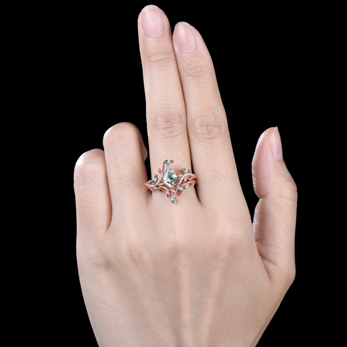 Kite Cut Natural Moss Agate Leaf Engagement Ring Diamond Snake Wedding Ring Set