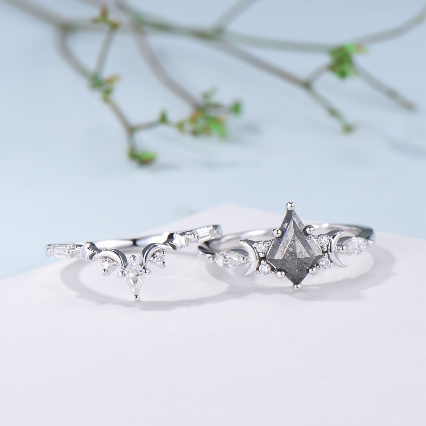 Unique kite cut salt and pepper diamond ring set natural pepper engagement ring 18k white gold bridal wedding set handmade anniversary gift