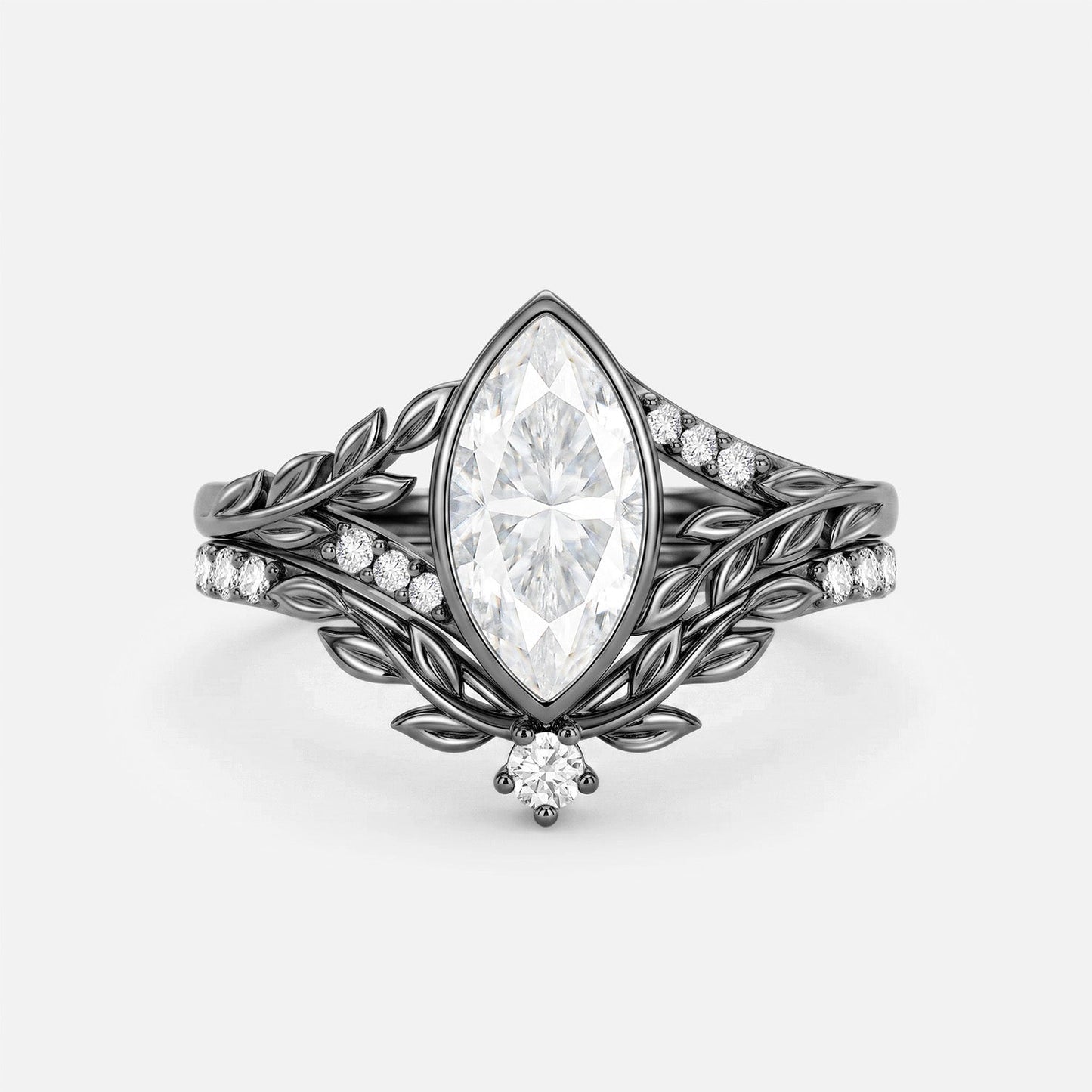 Luminous Reverie - Marquise Moissanite Leaf Vintage Engagement Ring Sets - Rain
